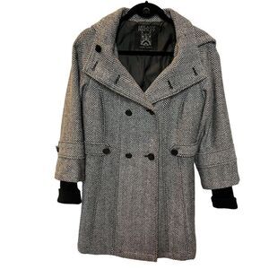 Hilary Radley Pea Coat Black and Gray Herringbone Small